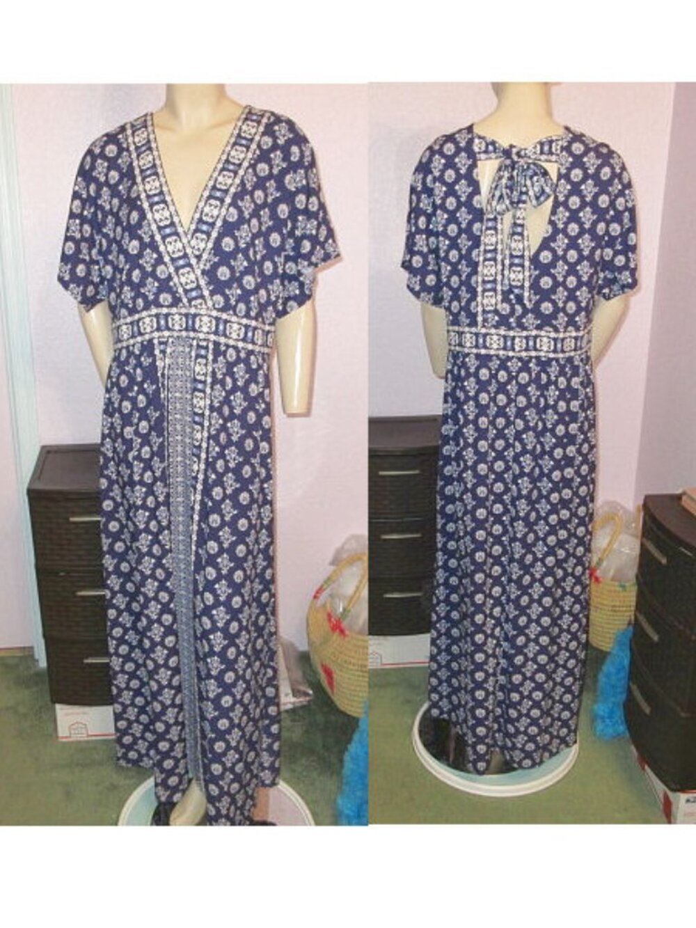 Garnet Hill Maxi Dress Size 18 Floral Block Print Surplice Cottagecore Bohemian